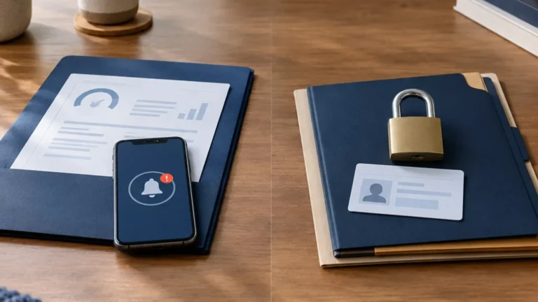 Credit alert phone beside identity recovery paperwork and a padlock.