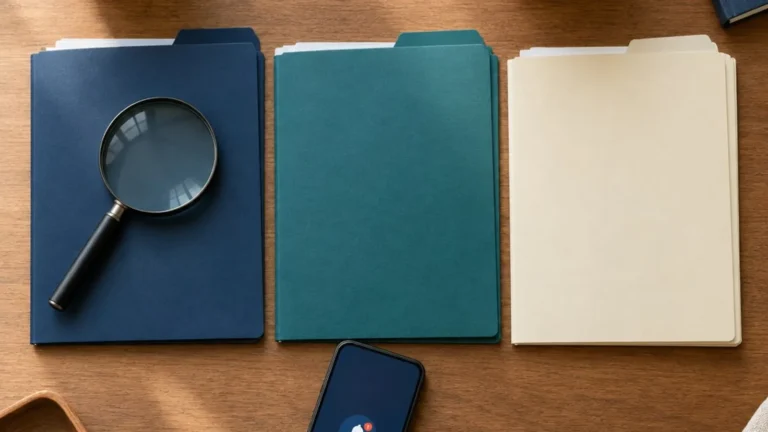 Three credit report folders beside a phone alert and magnifying glass.