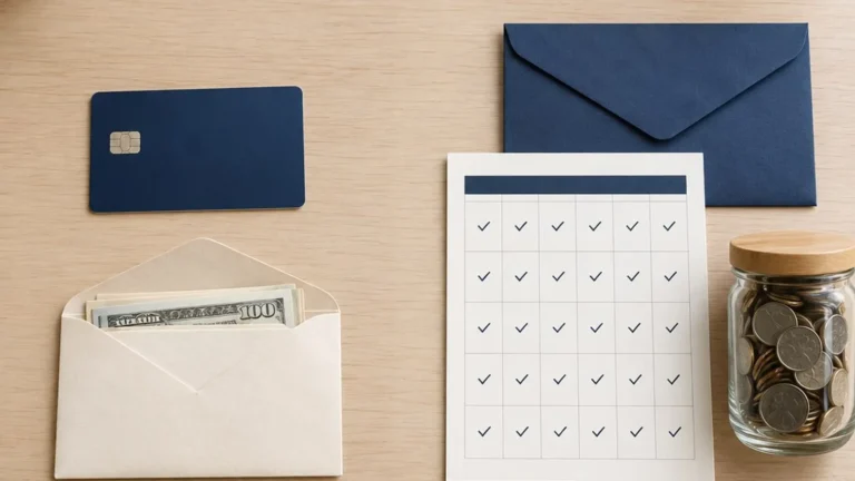Secured credit card and cash deposit beside a payment calendar and savings jar for a credit-builder loan.