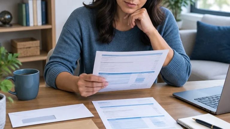 Woman comparing account notices at a desk with a calculator and laptop.