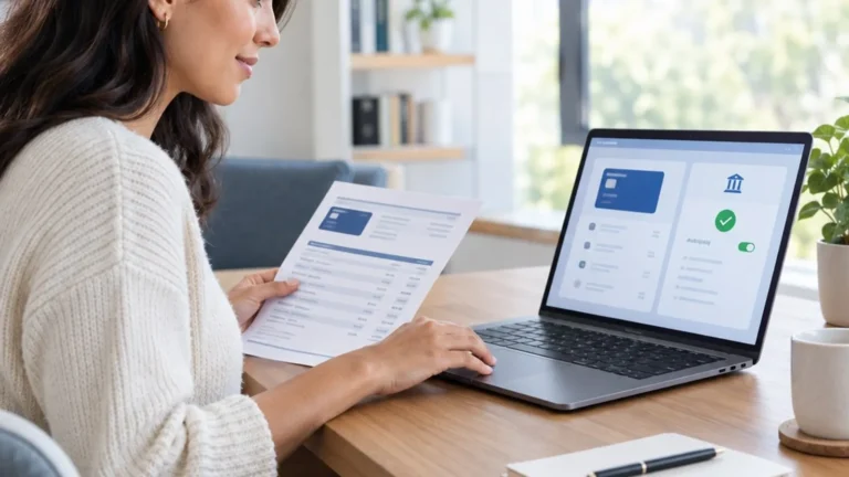 Person reviewing a credit card statement and checking account while setting up credit card autopay