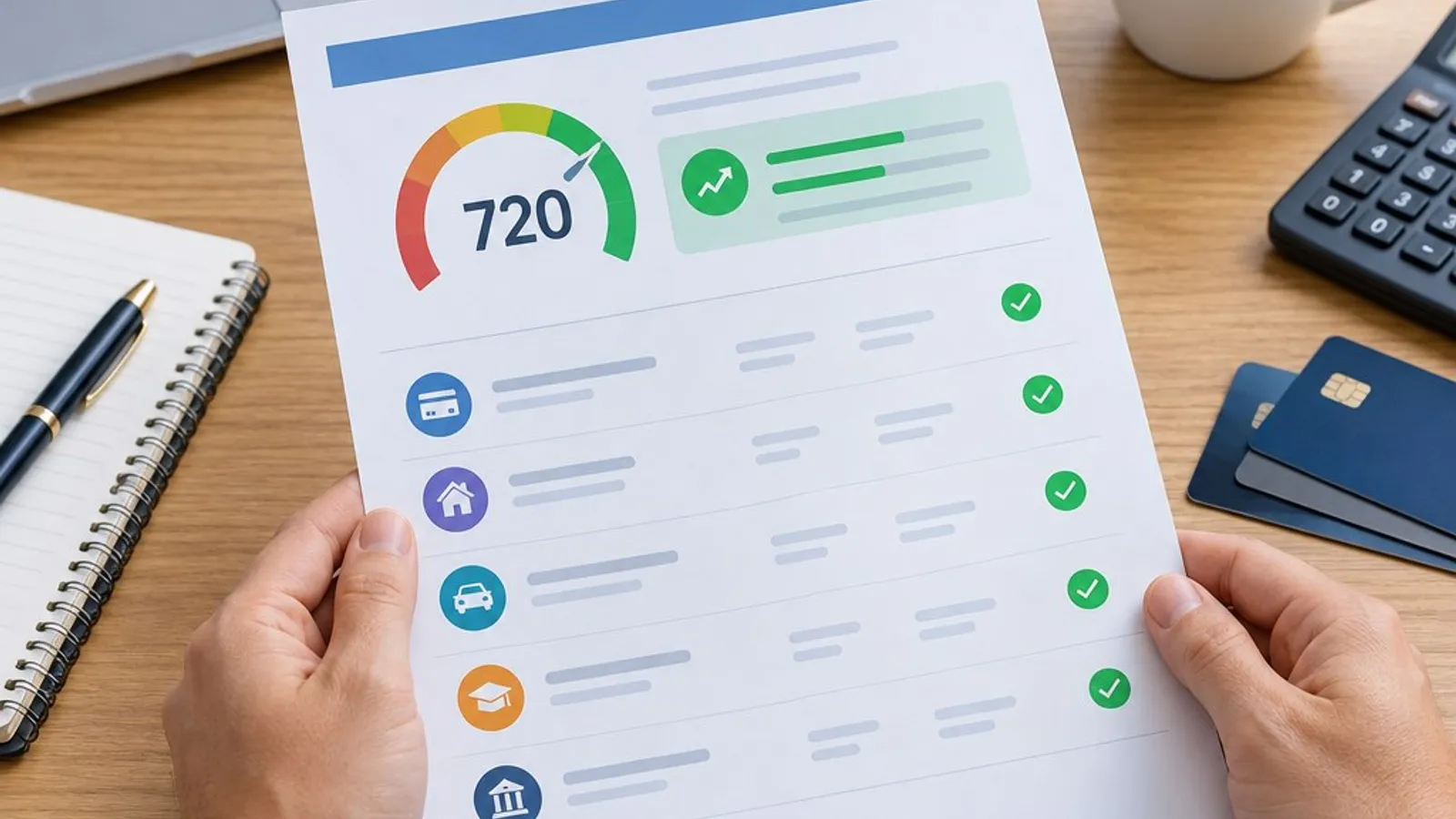 Person holding an illustrated credit report with a score gauge and account list.