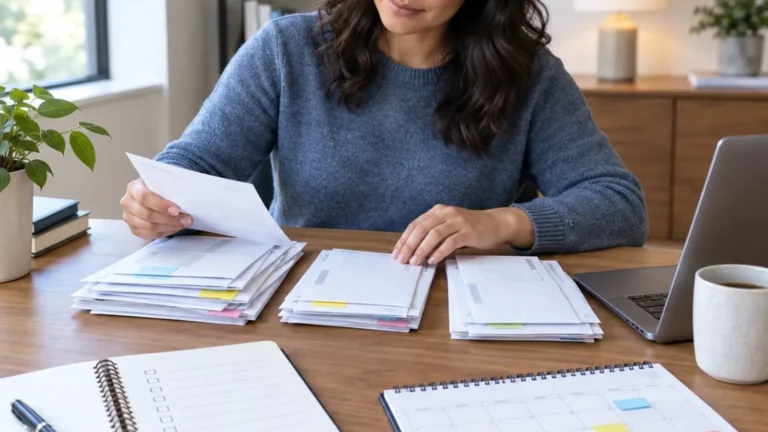 Person organizing multiple past-due bills into a payment priority plan