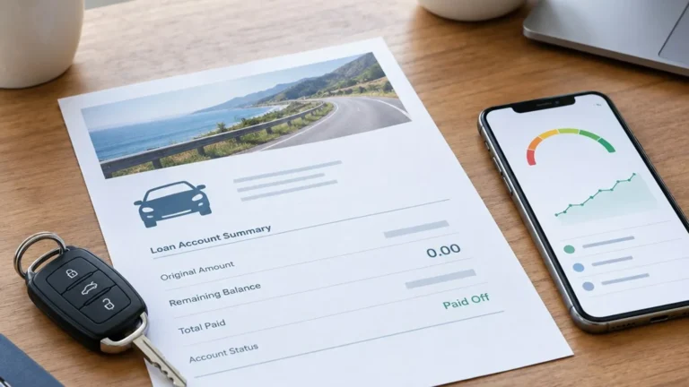 Car loan payoff document beside car keys and a phone displaying a credit score gauge.