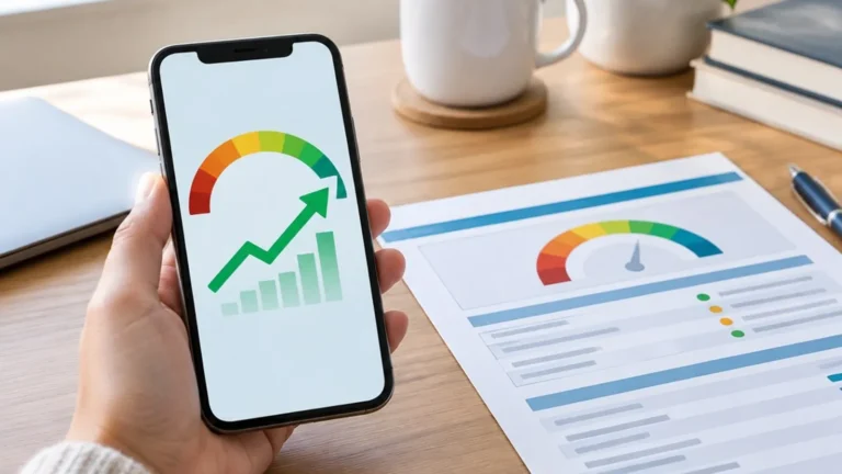 Phone displaying an upward credit score graph beside a printed credit report.