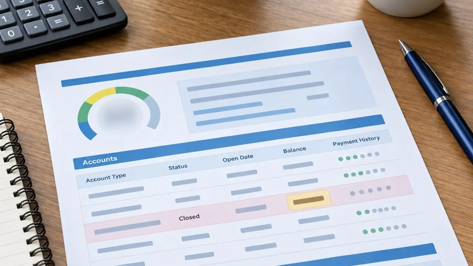 Illustrated credit report with account balances and payment history on a desk.