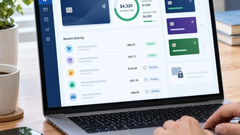 Person reviewing credit card balances and available credit on a laptop.