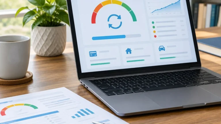 Laptop displaying a credit score dashboard with a refresh symbol beside a printed report.