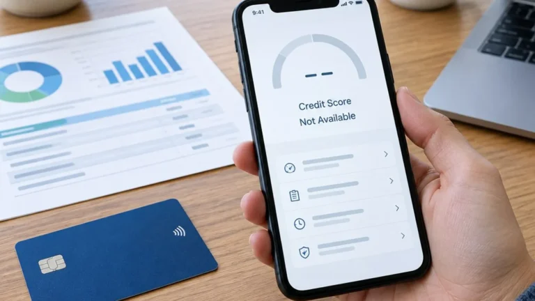 Phone displaying a credit score not available message beside a credit report.