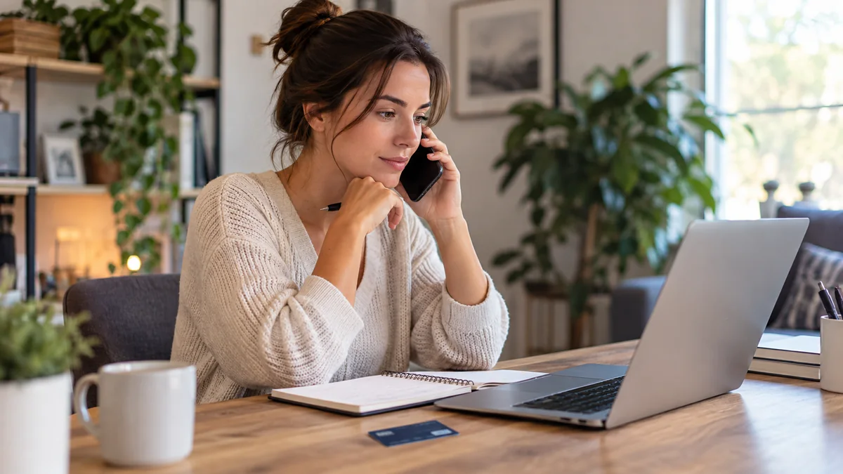 Woman calling a card issuer while reviewing notes on a laptop at home