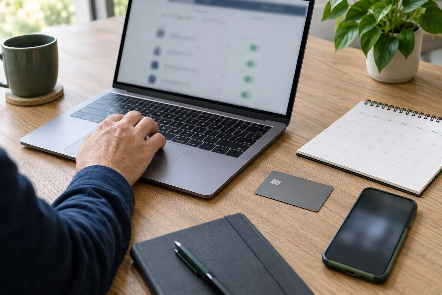 Professional reviewing recurring payment details with a replacement credit card, laptop and smartphone