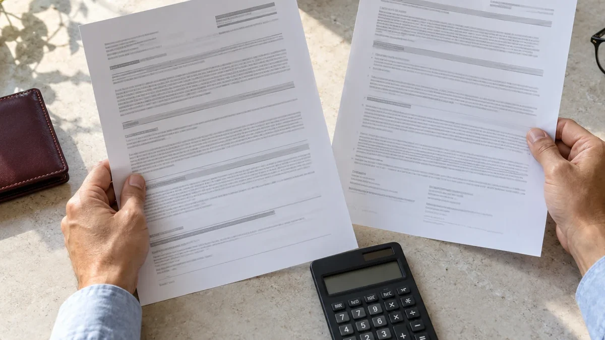 Hands comparing account disclosure sheets beside a calculator and wallet