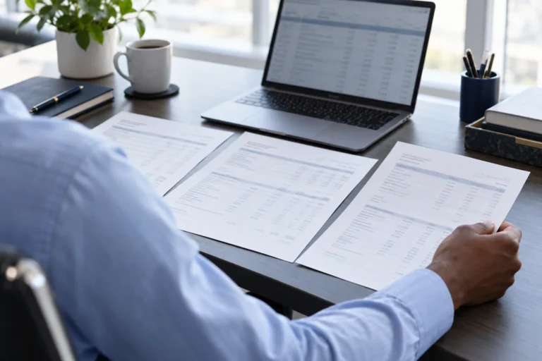 Person comparing three printed account reports beside an open laptop