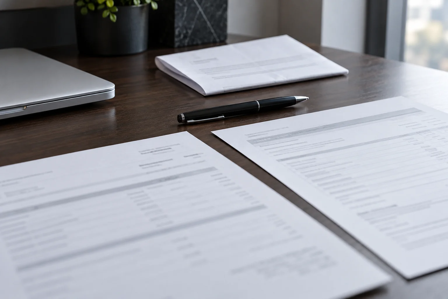 Two printed account records beside a pen and a result letter on a desk