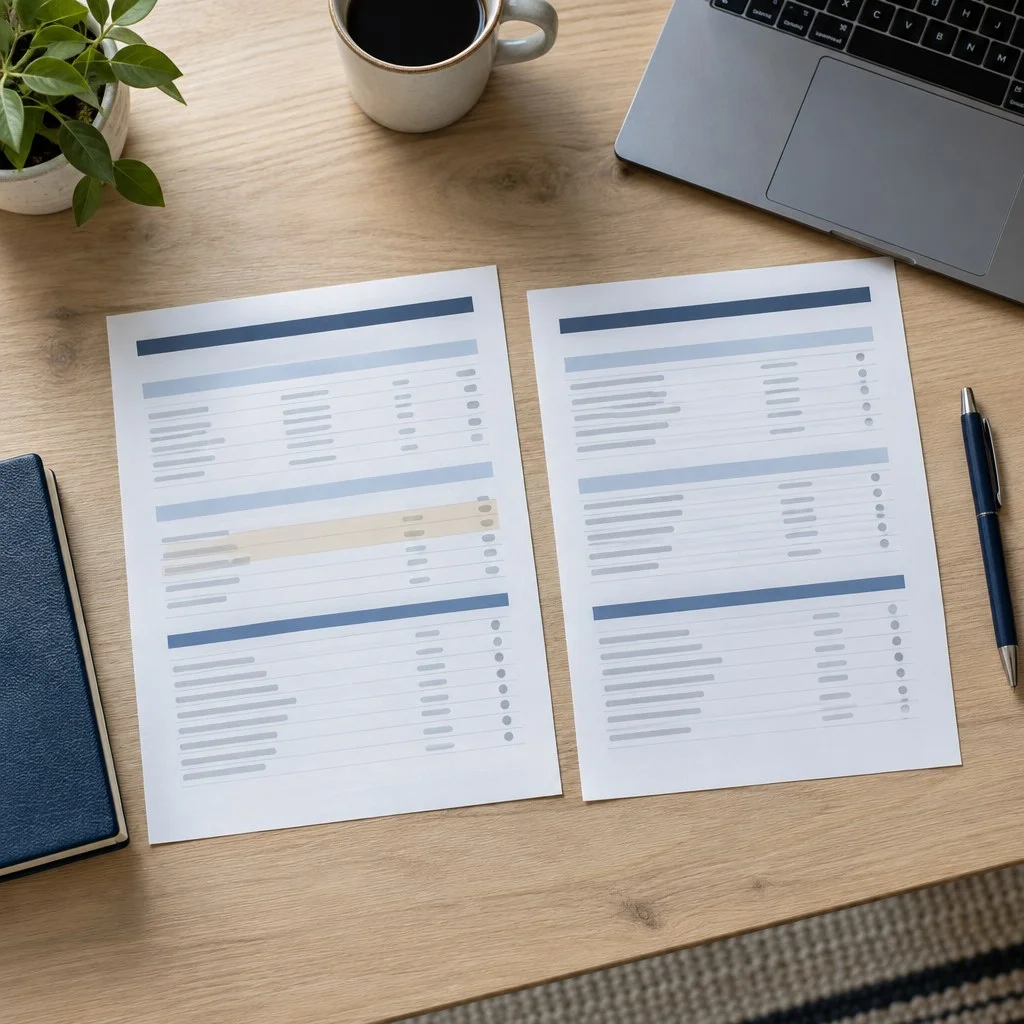 Overhead photograph of anonymous financial records, a notebook and a pen being compared on a desk
