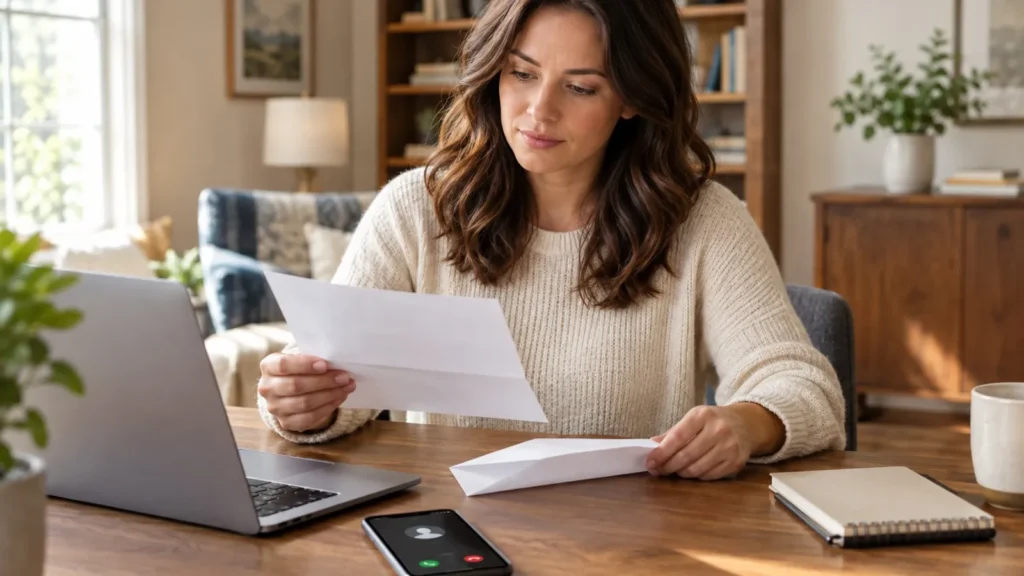 Woman reviewing a letter at her desk while her phone receives a call