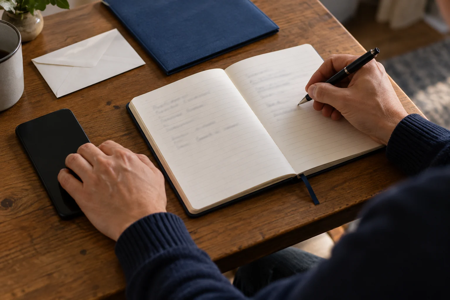 Hands writing a call record in a notebook beside a smartphone and document folder