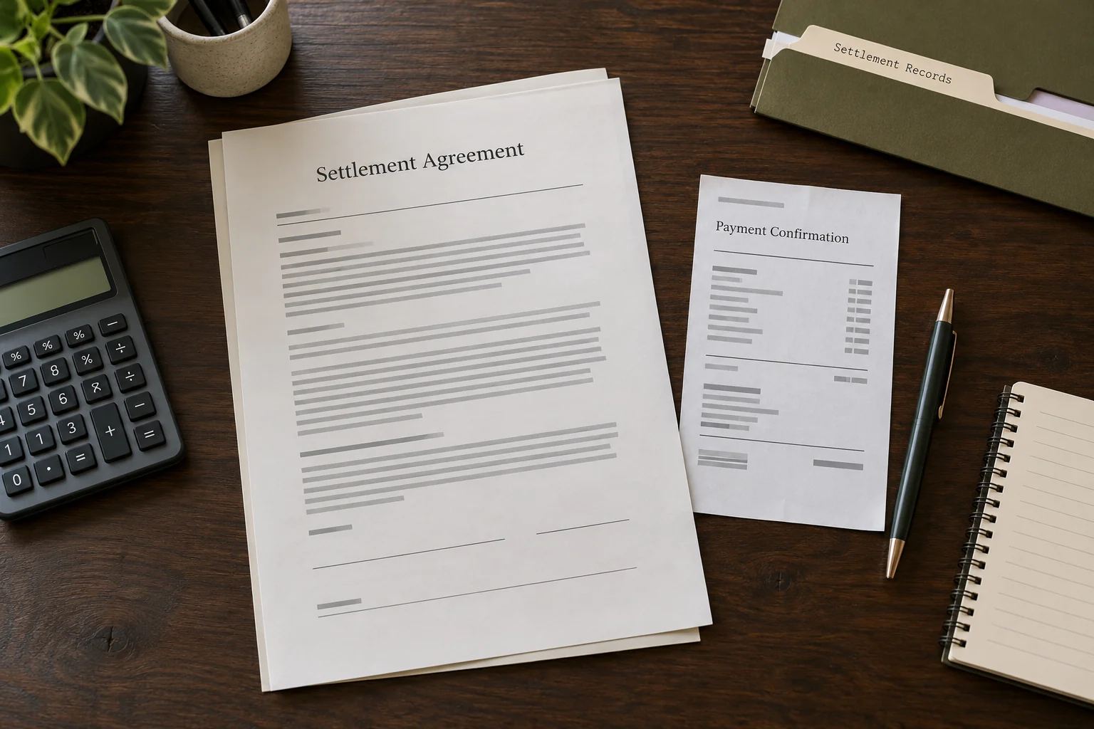 Written debt settlement agreement beside a payment confirmation and organized records