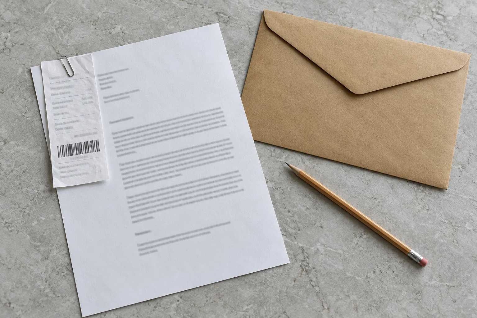 Letter copy with a postal receipt beside a kraft envelope and pencil