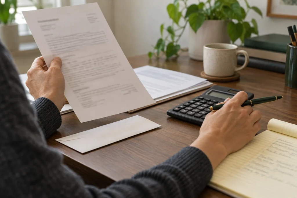 Hands reviewing a settlement offer beside a calculator and writing pad