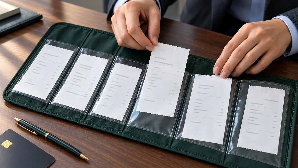 Hands in business suit sleeves filing payment records in a green organizer on an office desk