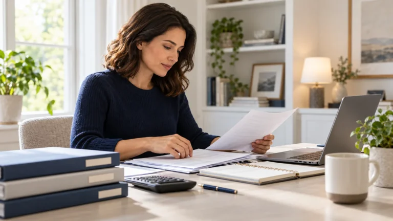 Woman comparing paper records beside a laptop, planner, and calculator at a home office desk.