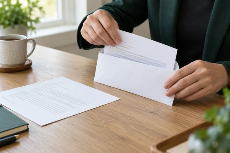 Hands placing a business letter into an envelope while keeping a copy on the desk