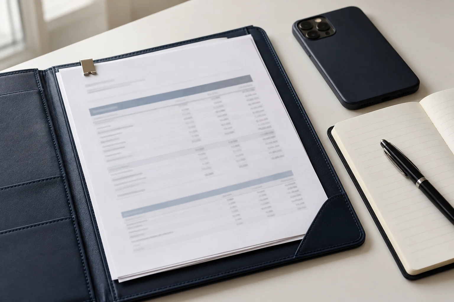 Account records in a navy portfolio beside a notebook, pen and phone