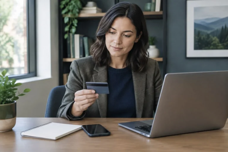 Person reviewing a replacement credit card at a professional desk with a laptop and phone