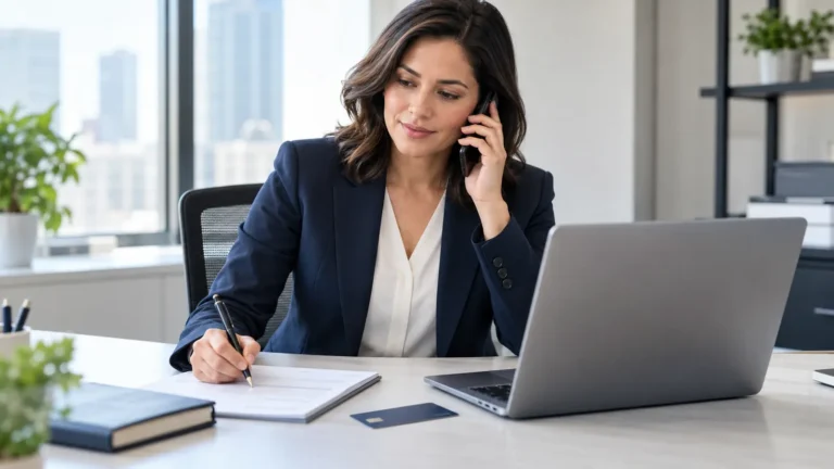 Woman in a business suit calling her card issuer while reviewing payment notes at an office desk.