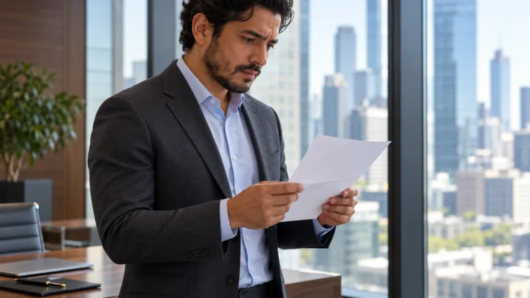 Man in a charcoal business suit reviewing an account notice in a modern office