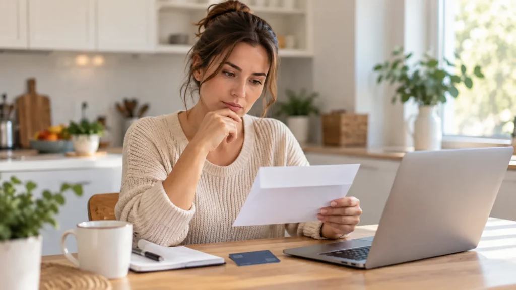 Woman reading a card application decision letter next to a laptop at her kitchen table