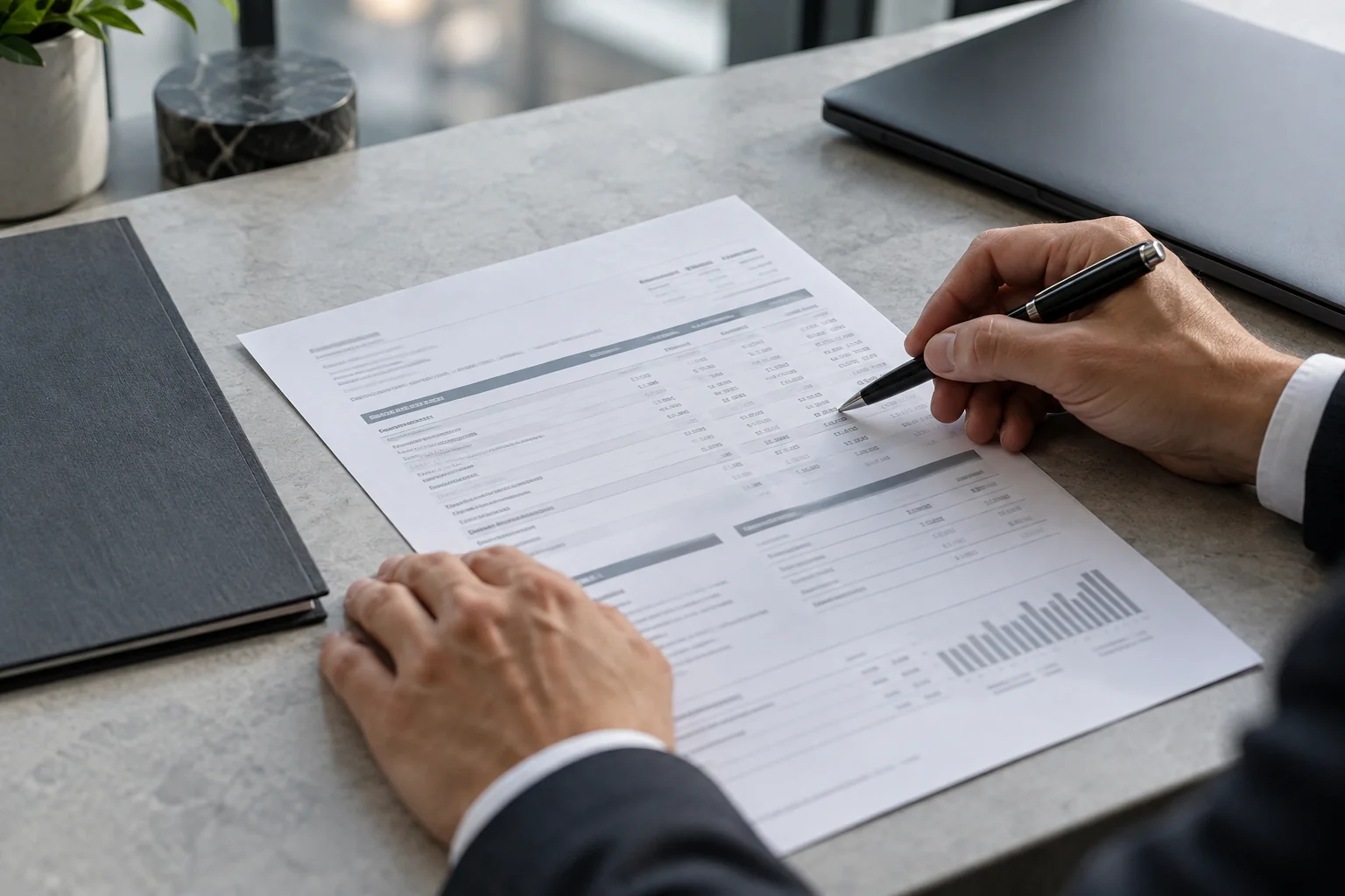 Hands reviewing a printed account report with a pen at an office desk