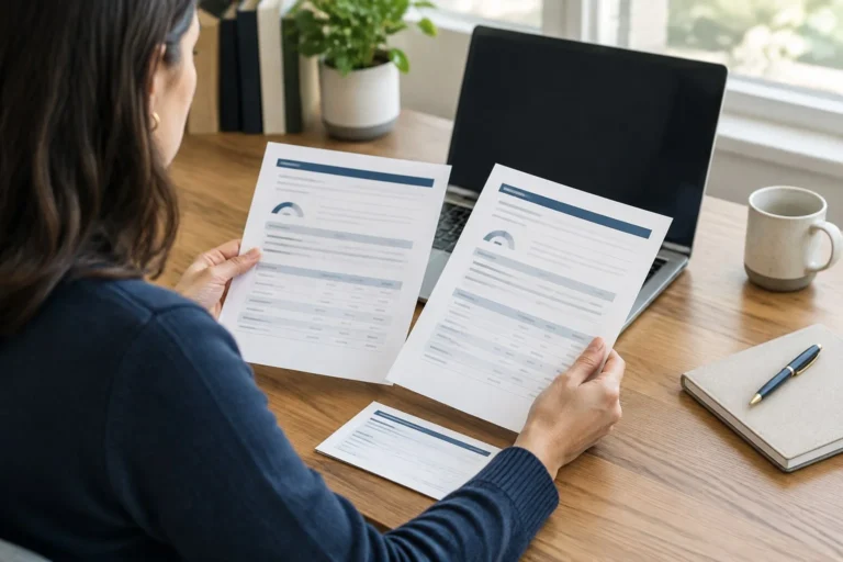 Consumer comparing credit-report information and payment records beside a laptop