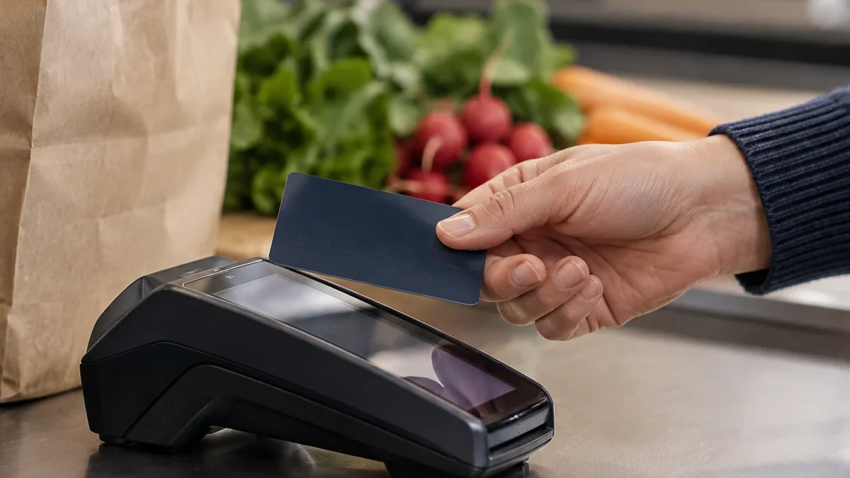 Hand holding a navy debit card above a payment terminal beside groceries