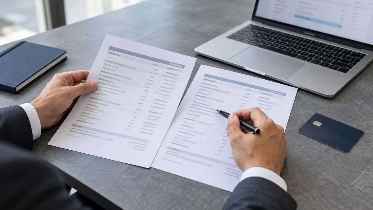 Person in business attire comparing account records beside a laptop and credit card.