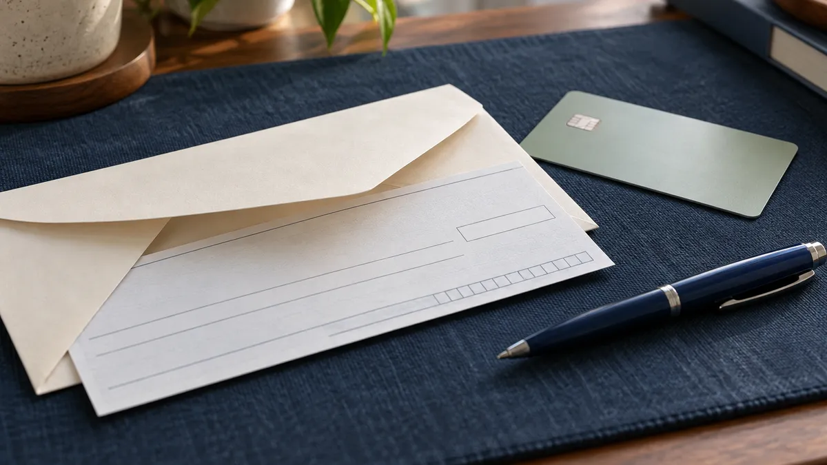 Envelope and payment slip beside a credit card and pen on a dark blue desk pad