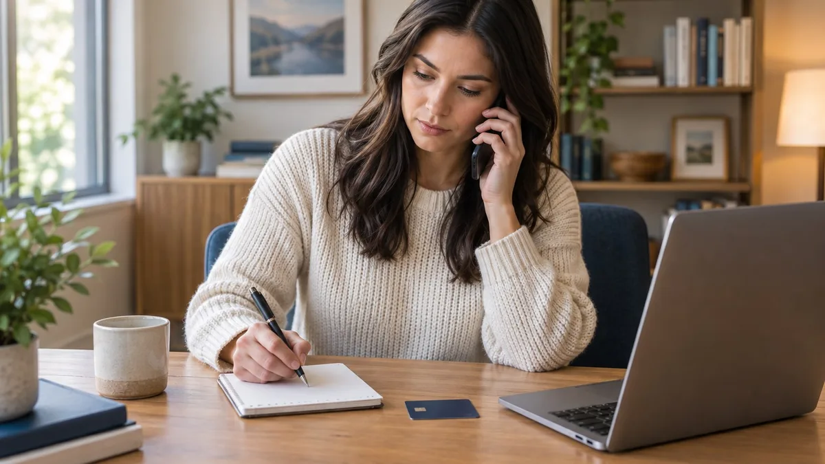 Woman calling a credit card issuer while recording details about ending an authorized-user arrangement