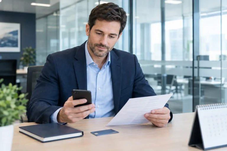 Man in a navy suit reviewing a smartphone and paper statement at an office desk with a credit card and calendar