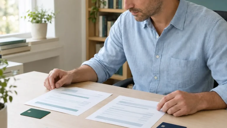 Man comparing two card statements at a home desk before arranging a balance transfer