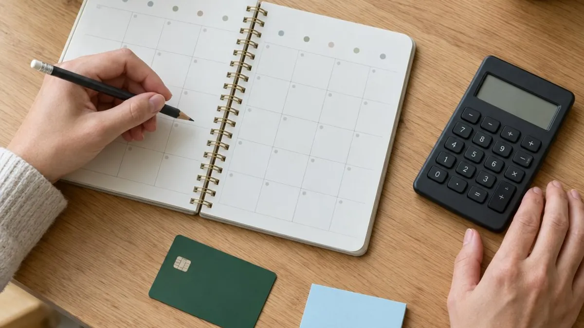 Hands planning card payment dates in a paper calendar beside a calculator