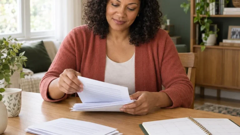 Woman organizing court paperwork and a calendar at a dining table