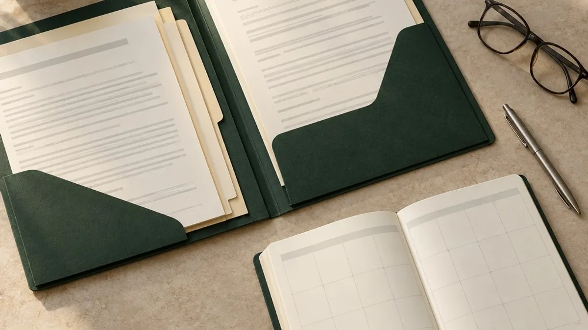 Court-record folder, monthly planner and credit report pages arranged for a date check