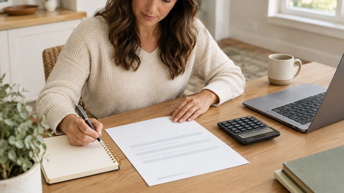 Hands using a calculator and notebook to plan an affordable debt settlement offer