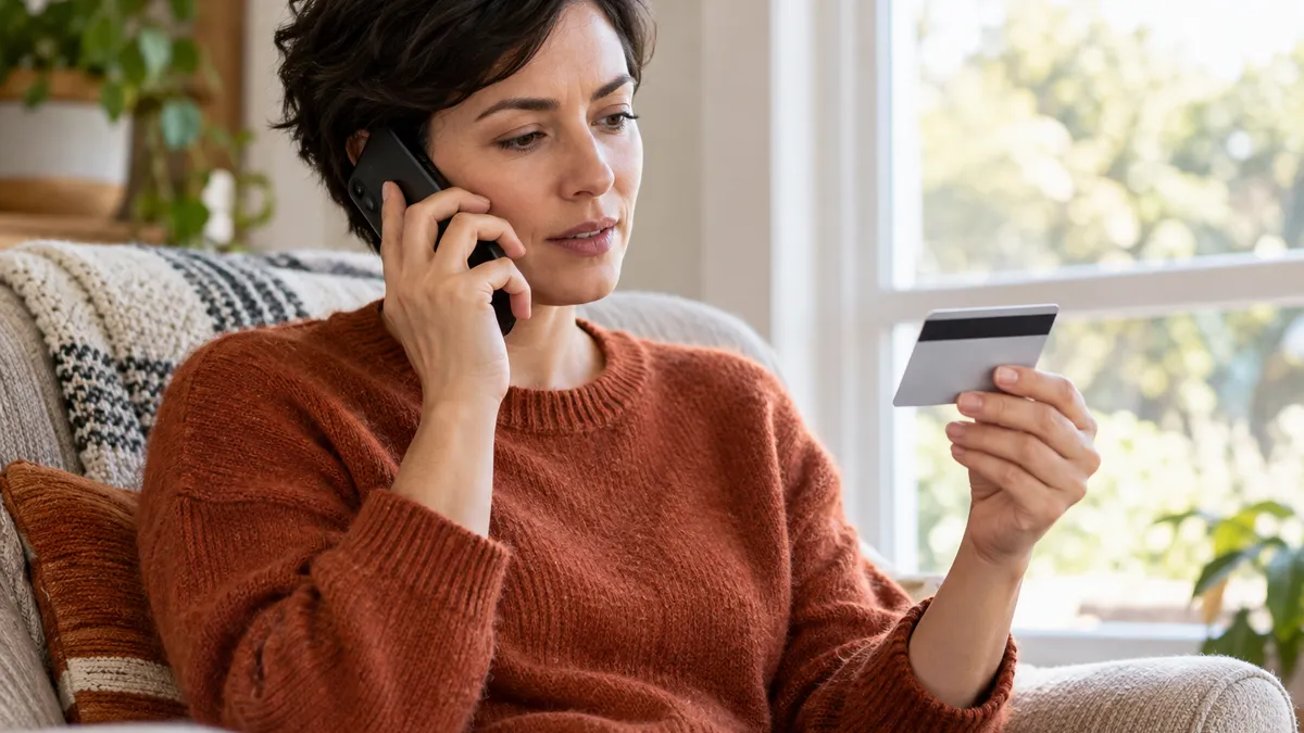 Woman calling her card issuer while looking at the back of her credit card
