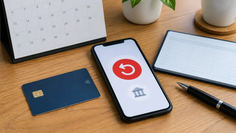 Generic credit card, smartphone payment alert, calendar and checking-account notebook