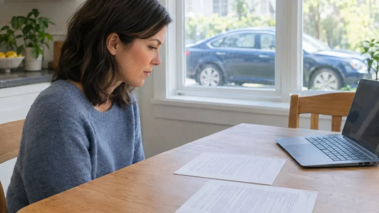 Driver reviewing car loan refinance offers at a kitchen table