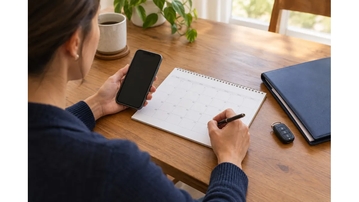 Borrower checking a calendar and phone before the first refinanced car payment