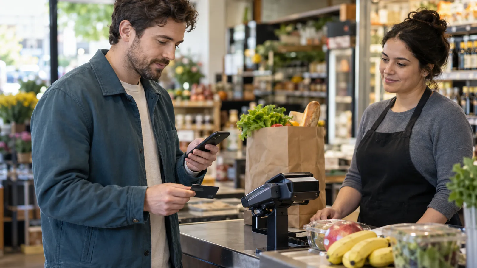 Man checking his phone while holding a card at a grocery checkout