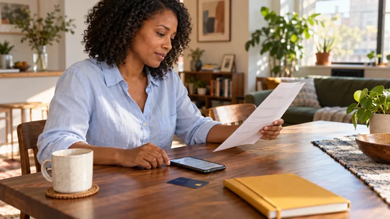 Woman comparing a paper credit card statement with payment information on her phone